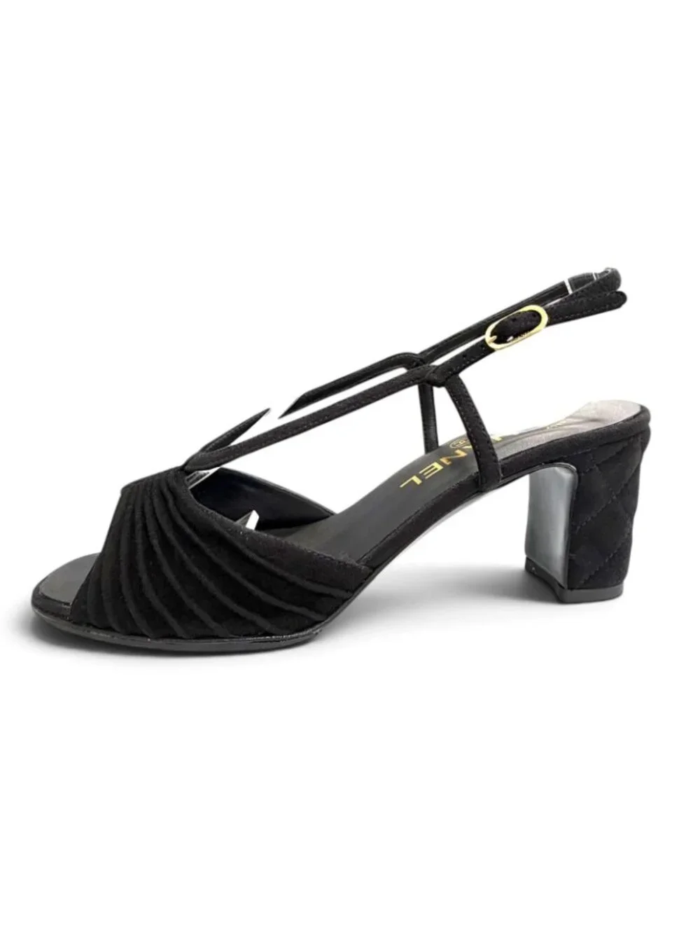 Chanel Suede Leather CC Logo Ankle Strap Open Toe Sandals Black
